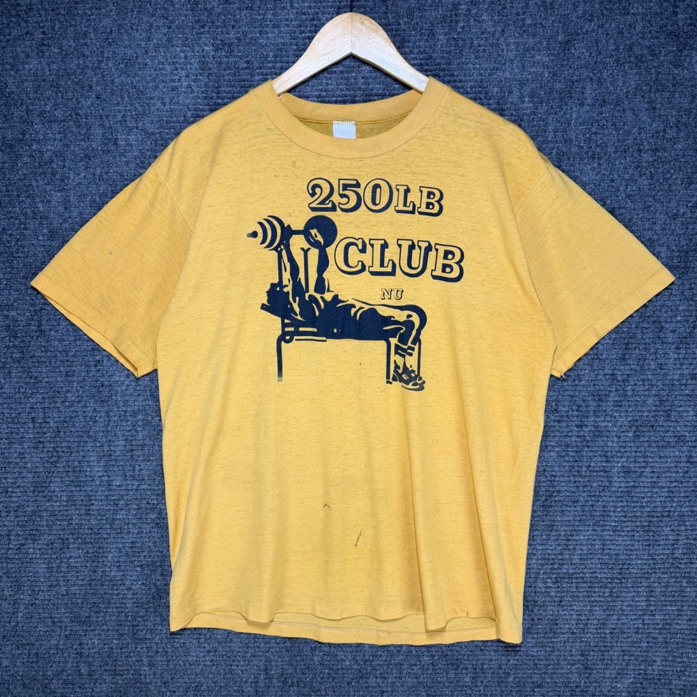 Vintage 250LB Club Weightlifting T-Shirt Yellow Single Stitch NU Gym Tee L